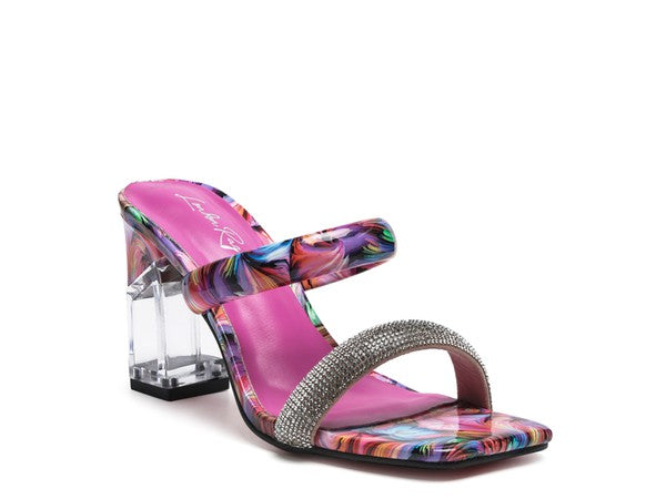 CRYPTON Clear Block Heeled Marble Print Slides