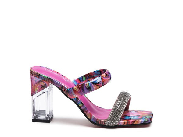 CRYPTON Clear Block Heeled Marble Print Slides