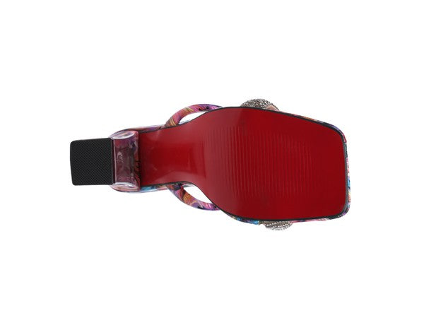 CRYPTON Clear Block Heeled Marble Print Slides