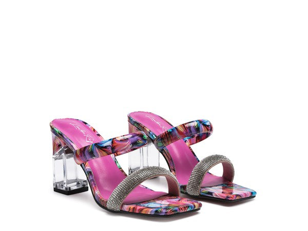 CRYPTON Clear Block Heeled Marble Print Slides