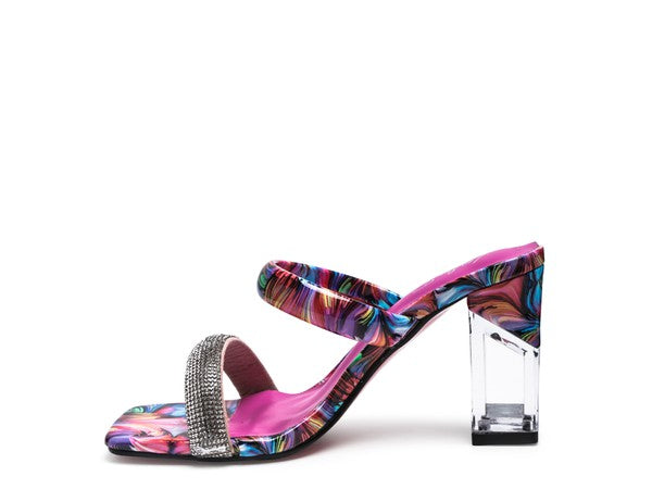 CRYPTON Clear Block Heeled Marble Print Slides