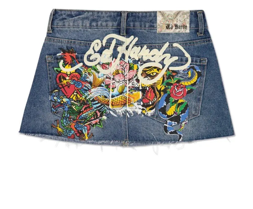 Mini Skirts for Women Retro Gothic Print Denim Skirt