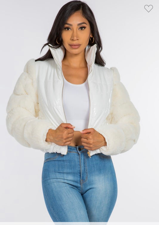 Boss Ivory Faux Fur Puffer Outerwear