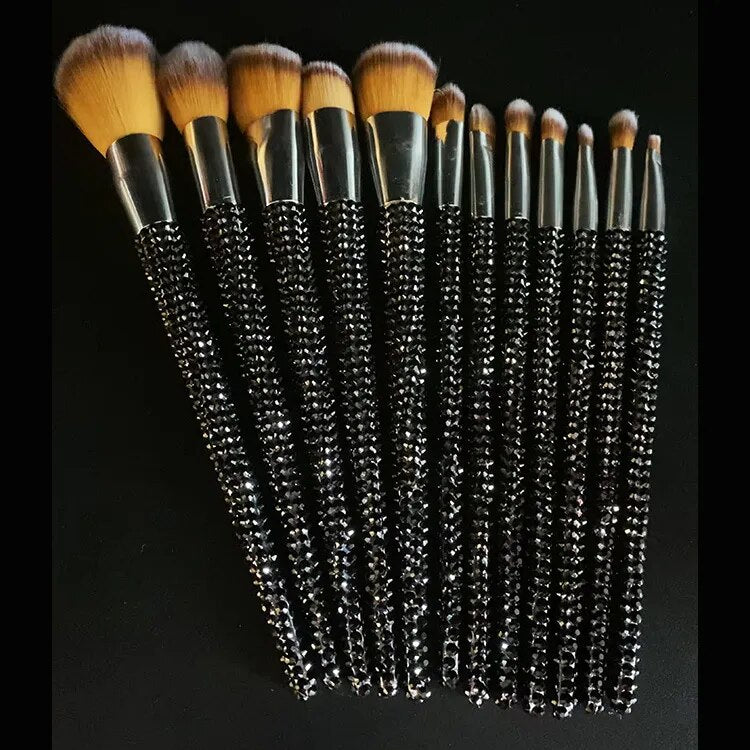 12Pcs/set Diamond-studded Makeup Brushes Gems Makeup Beauty Tools Full Diamond Loose Powder Foundation Concealer Brush Bling