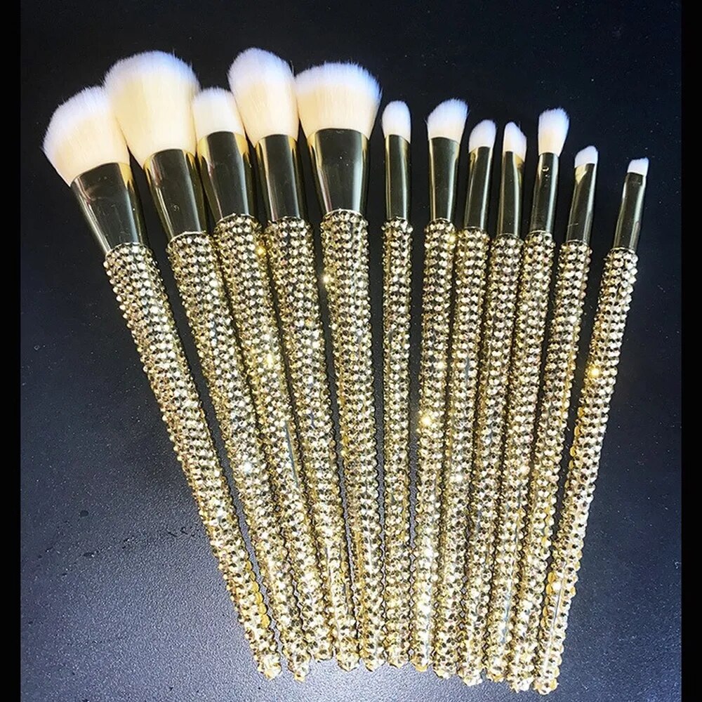 12Pcs/set Diamond-studded Makeup Brushes Gems Makeup Beauty Tools Full Diamond Loose Powder Foundation Concealer Brush Bling