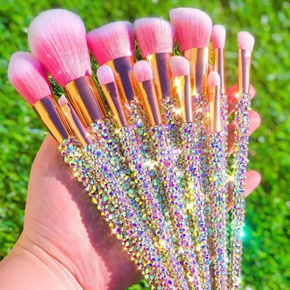 12Pcs/set Diamond-studded Makeup Brushes Gems Makeup Beauty Tools Full Diamond Loose Powder Foundation Concealer Brush Bling