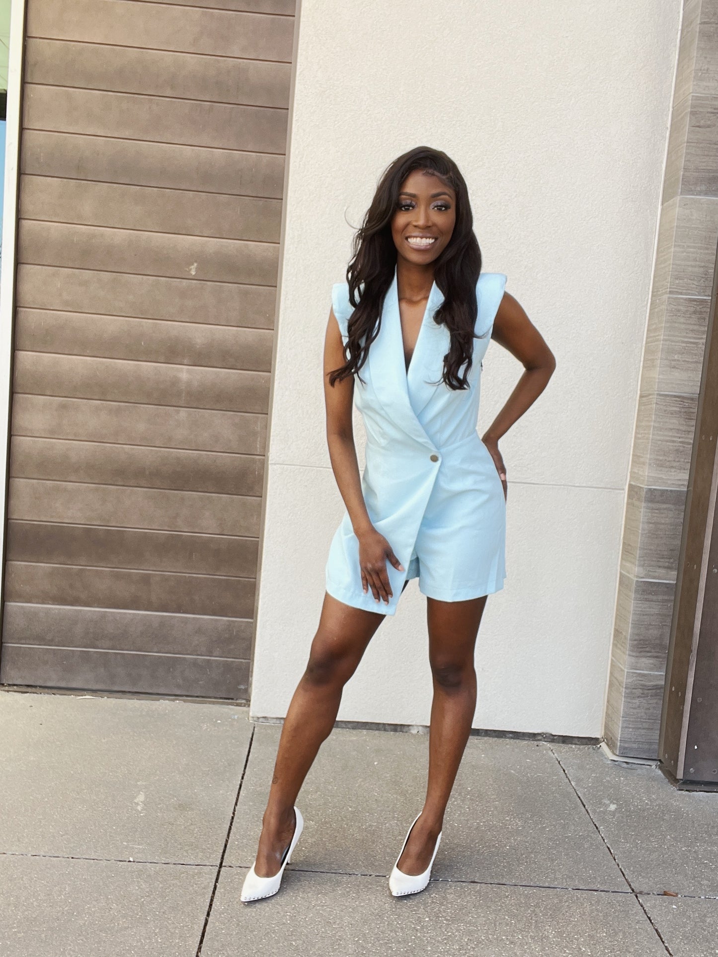 Powder Blue Padded Shoulder Blazer Romper